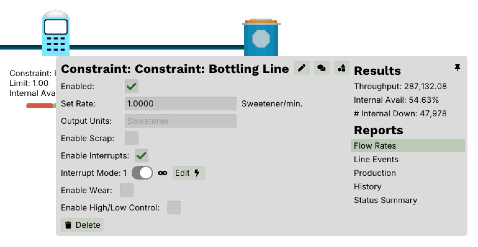 Constraint node popup showing Results and Reports on the right-hand side